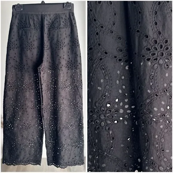 Zara Embroidered Openwork Cropped Boho Pants Black New - Picture 3 of 3